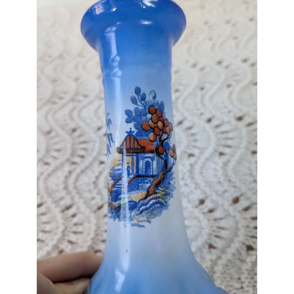 2 Pcs Porcelain Candlestick Holders - Blue with Japanese Garden Scene